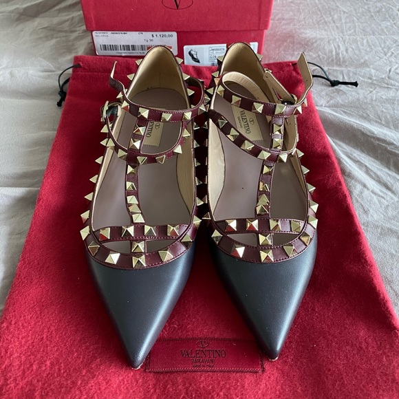 Valentino Shoes - Valentino Garavani Black & Burgundy Rockstud Pointed Flats